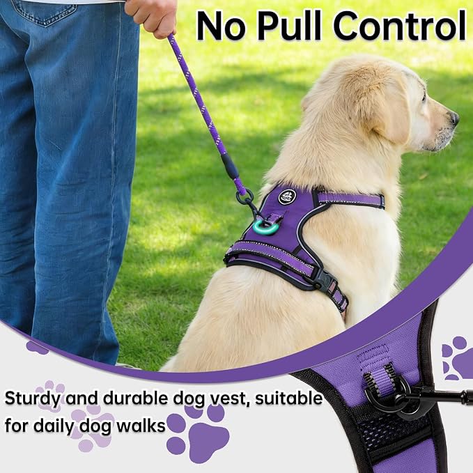 NESTROAD No Pull Dog Harness,Adjustable Oxford Dog Vest Harness with Leash,Reflective No-Choke Pet Harness with Easy Control Soft Handle for Large Dogs(Large,Purple)