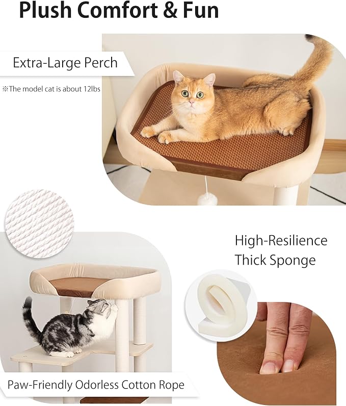 Cat Tree for Large Cats, Modern Senior Friendly Cat Tower with Wide Shelves, Cotton Scratching Posts, Super Sturdy Base, Cozy Perches, and Interactive Toys for Indoor Kittens, 37.4'' Cream.