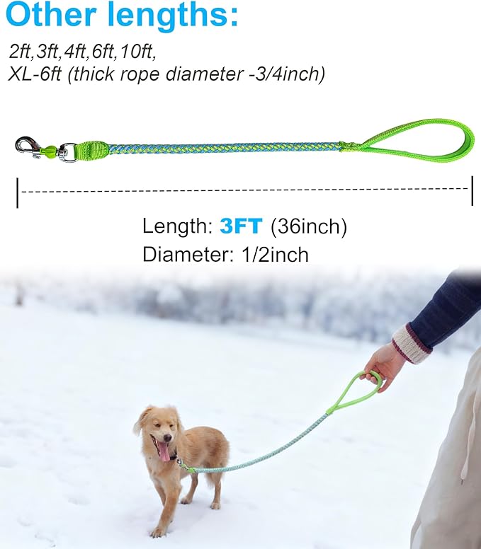 2/3/4/6/10 Foot Reflective Dog Leash Strong Nylon Rope Braided Heavy Duty for Large and Medium Small Dogs Walking Training Leads (Green, 3ft * 1/2")