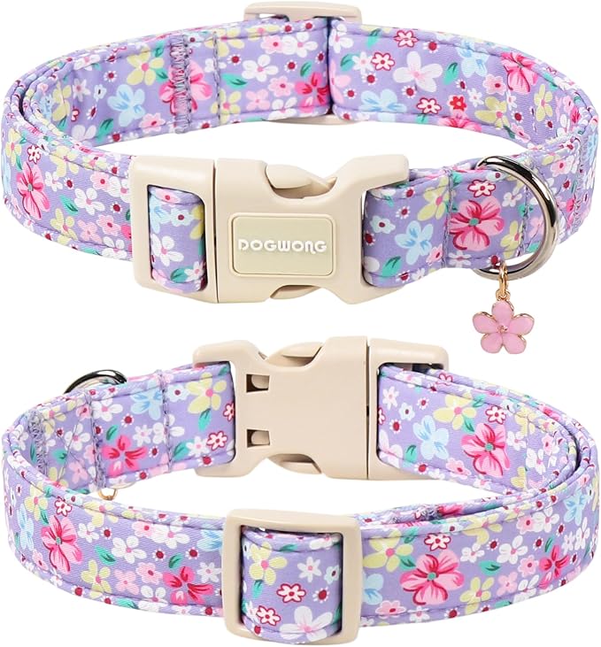 Spring Floral Dog Collar for Girl Dogs- Lavender Purple Flower Female Dog Collar, Adjustable Soft Cute Dogs Collars for Small Dogs, S