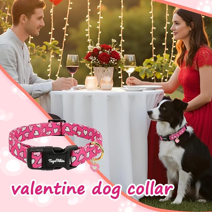 Valentines Dog Collar with Pink White Heart Pattern, Adjustable Puppy Collar with Safety Buckle & Heart Charm, Spring Summer for Girl Boy Dogs-XS