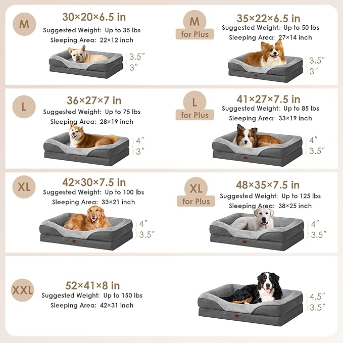 EHEYCIGA Orthopedic Dog Bed for Medium Dog, 30x20 Inch Memory Foam Dog Couch Bed with Sides, Waterproof Liner & Washable Removable Cover, Bolster Pet Sofa, Grey