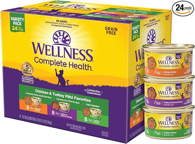 Wellness Complete Health Pate Variety Pack Adult Canned Wet Cat Food, Natural, Protein Rich, Grain Free, Chicken and Turkey Favorites, 3 oz, Pack of 24 Cans