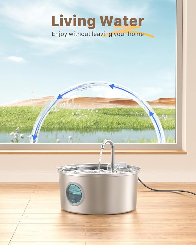 Cat Water Fountain Stainless Steel: Cat Fountain for Drinking - 108oz/3.2L Pet Water Fountain for Cats Indoor - Quiet Water Fountain for Cats - Faucet Pet Fountain - Contains 6 Filters + 3 Sponges