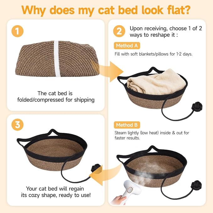 Cotton Rope Woven Cat Bed Basket, Hand Woven Cat Bed with Toy Tail, Small Dogs Sofa Bed, Pet Sleeping Bed Basket for Indoor Cats, Puppies, Rabbits (Large, Black & Brown)