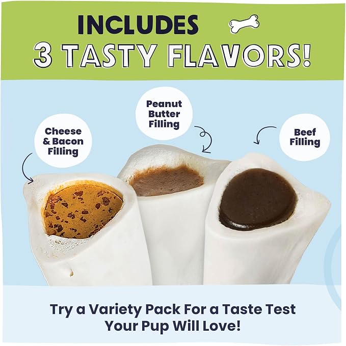 Pawstruck Small 3” Filled Dog Bones Variety Pack - Peanut Butter, Cheese & Bacon, Beef Flavors - Made in USA Long Lasting Stuffed Femur Treat for Aggressive Chewers - Pack of 3 - Packaging May Vary