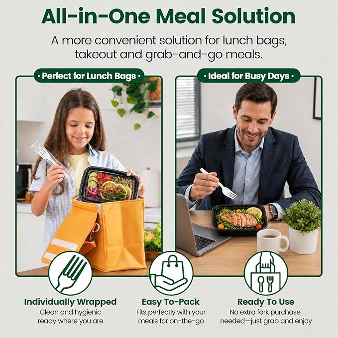 Meal Prep Containers with Lids 32oz-50 Pack & Free 50 Forks Individually Wrapped, Disposable Food Storage Containers BPA Free, Leak-Resistant, Microwave & Freezer Safe for Salad,Lunch,Take out,Togo