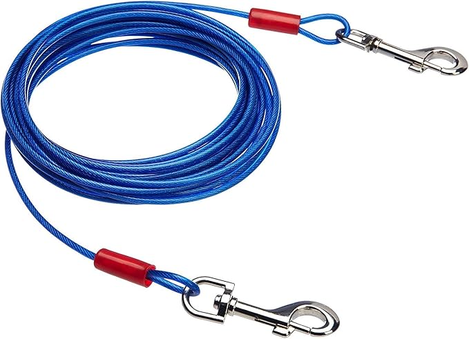 Amazon Basics Tie-Out Cable for Dogs up to 60 lbs, 25 feet, Lightweight, Durable Superior Clips, Blue