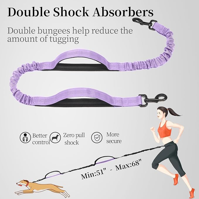 iYoShop Hands Free Dog Leash with Zipper Pouch, Dual Padded Handles and Durable Bungee for Walking, Jogging and Running Your Dog (Lavender, 8-25 lbs, Medium)