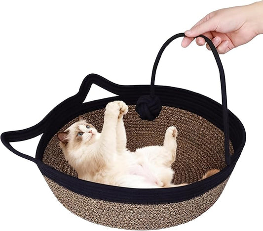 Cotton Rope Woven Cat Bed Basket, Hand Woven Cat Bed with Toy Tail, Small Dogs Sofa Bed, Pet Sleeping Bed Basket for Indoor Cats, Puppies, Rabbits (Large, Black & Brown)