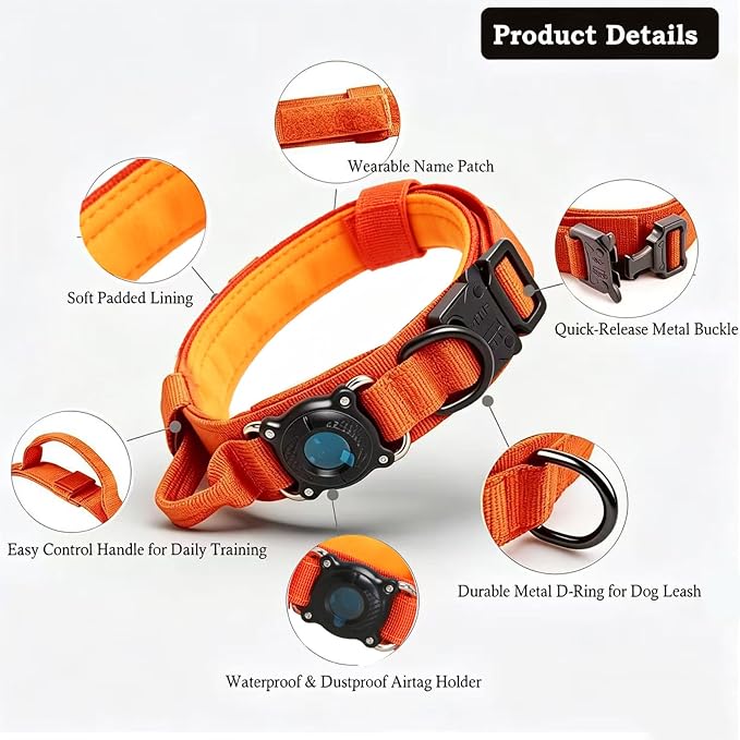 Upgraded AirTag Dog Collar,Waterproof Tactical Dog Collar with AirTag Holder, Control Handle and Metal Buckle,Heavy Duty Dog Collars for Large Dogs(Orange，XL