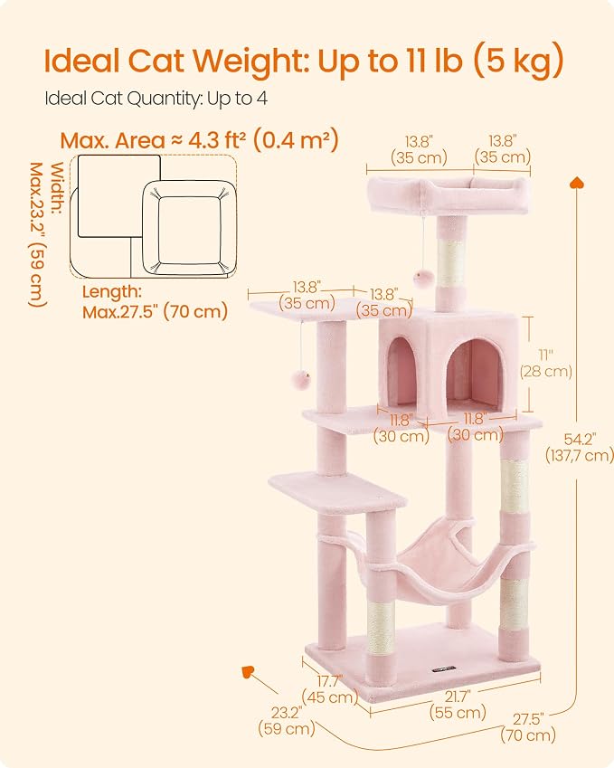Feandrea Cat Tree, 54.2-Inch Cat Tower, Plush Multi-Level Condo with 4 Scratching Posts, 2 Perches, Hammock, Cave, Jelly Pink UPCT161P01