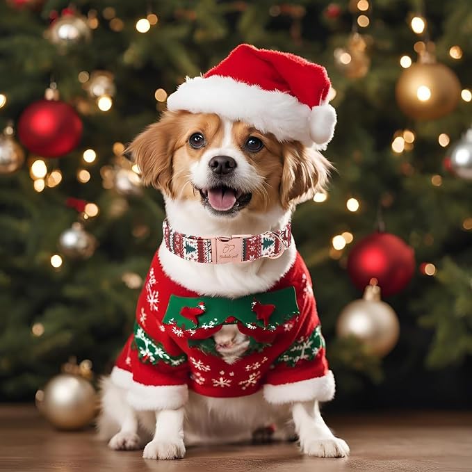 Christmas Dog Collar for Small Dogs - Fair Isle Style Christmas Collars for Dogs, Cute Reindeer Snowflake Winter Heavy-Duty Adjustable Dog Collars with Metal Buckle S