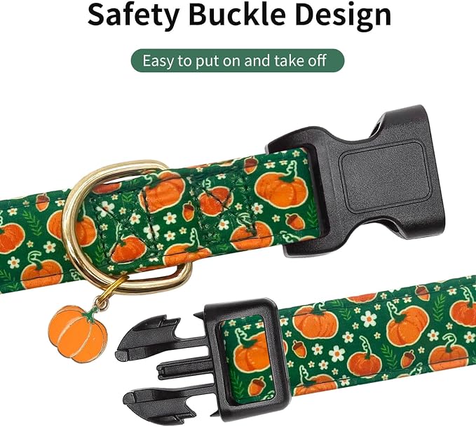 Fall Dog Collar,Soft and Cute Halloween Collars with Pumpkin Patterned Design for Girl Female Boy Dogs,Adjustable Buckle Pet Collar for Small Medium Large Dogs (Green Pumpkin, L)