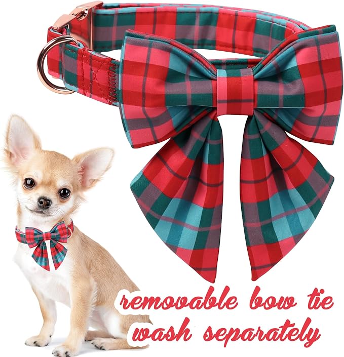 Unique Style Paws Christmas Dog Collar with Bowtie Red Green Grid Cotton Puppy Collars for Small Medium Large Dogs