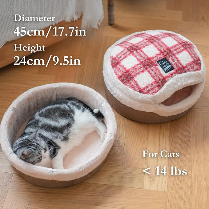 Cat Bed Cave – Enclosed Hideaway with Detachable Lid & Mat, Covered Round House for Indoor Kitten & Kitty (Snow)