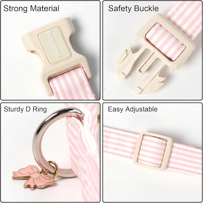 DOGWONG Pink Dog Collar, Spring Summer Stripped Dog Collar with Plastic Buckle, Soft Cotton Girl Dogs Collars for Medium Lrage Dogs, Neck 39-60 inches