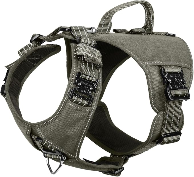 ICEFANG GN8 Tactical Dog Harness with 4X Metal Buckles for Small Sized Dogs,Reflective in Training Walking K9 Dog Vest,No-Pull Front Leash Clip,Adjustable Pet Harness (Green, Small (Pack of 1))