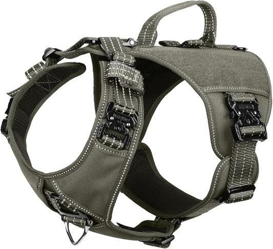 ICEFANG GN8 Tactical Dog Harness with 4X Metal Buckles for Small Sized Dogs,Reflective in Training Walking K9 Dog Vest,No-Pull Front Leash Clip,Adjustable Pet Harness (Green, Small (Pack of 1))