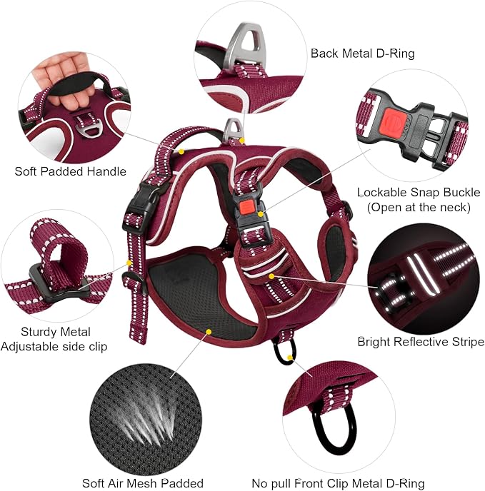 Timos Dog Harness Large Sized, No Pull Pet Harness with Neck Lockable Snap, No Choke Front Clip Reflective Vest, Adjustable Metal Rings 3 Buckles, Easy Control Handle for Large Dogs Burgundy L