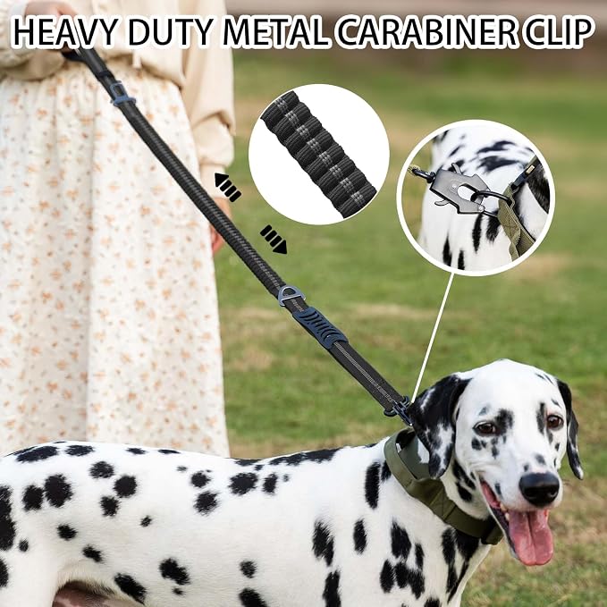Heavy Duty Tactical Dog Leash, 4-6FT Shock Absorbing Bungee Lead with 2 Padded Handles, Metal Carabiner & Seatbelt Clip, Reflective No-Pull Leash for Medium/Large Dogs Black