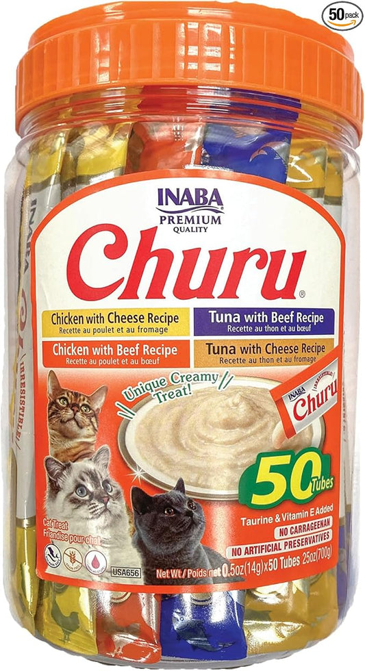 INABA Churu Cat Treats, Lickable, Squeezable Creamy Purée Cat Treat with Green Tea Extract & Taurine, 0.5 Ounces Each Tube, 50 Tubes, Beef & Cheese Variety
