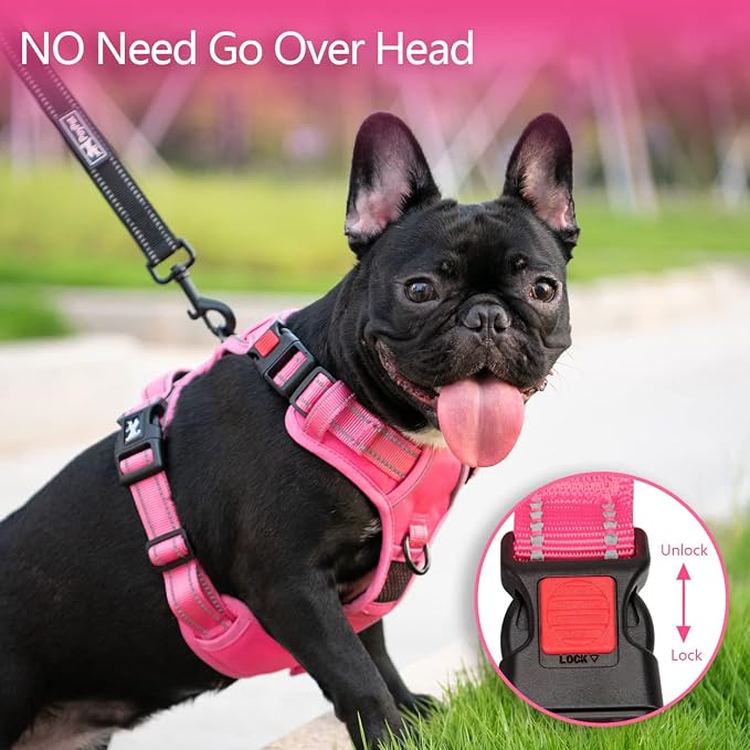 PoyPet No Pull Dog Harness, No Choke Reflective Dog Vest, Adjustable Pet Harnesses with Easy Control Padded Handle for Small Medium Large Dogs(Pink Matching Trim,S)
