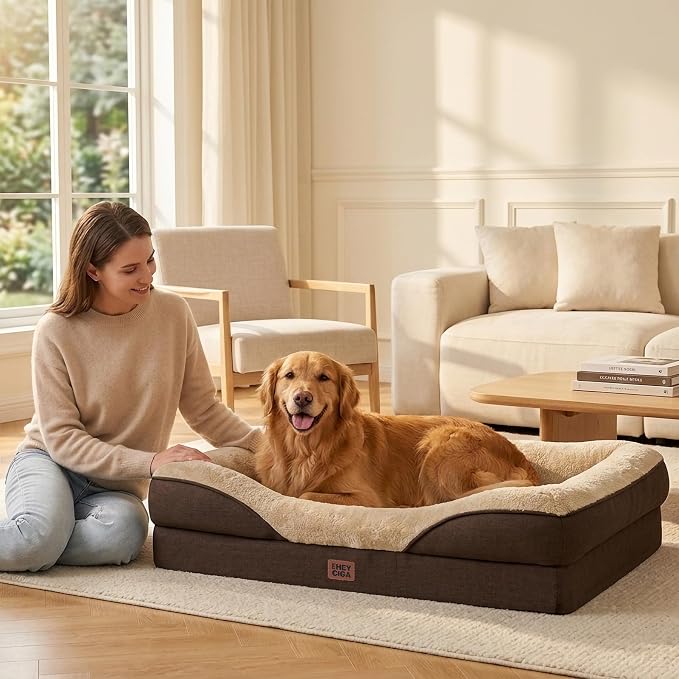 EHEYCIGA Orthopedic XXL Dog Bed for Large Sized Dog, 52x41 Inch Extra Large Memory Foam Dog Couch Bed with Sides, Waterproof Liner & Washable Removable Cover, Bolster Pet Sofa, Brown