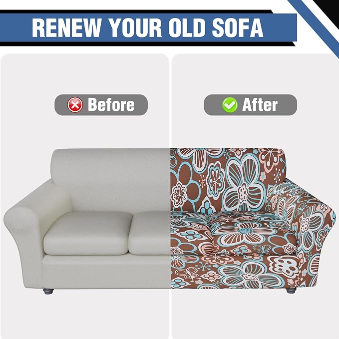 Stretch Couch Covers for 3 Separate Cushion Couch Sofa,Floral Printed Couch Sofa Cover,Washable Sofa Slipcover,Pet Friendly Furniture Protector with Elastic Bottom,Universal Fit for Home(Sofa,Cover)