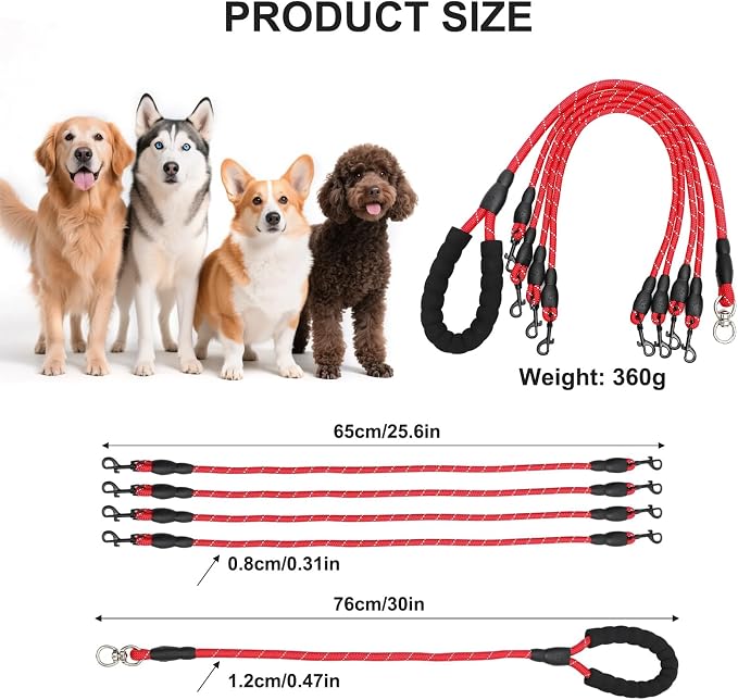 4 Way Dog Leashes,No Tangle Medium Small Dog Walking Leash,Nylon Pet Leash for 1 to 4 Dogs Outdoor Walking (Red)