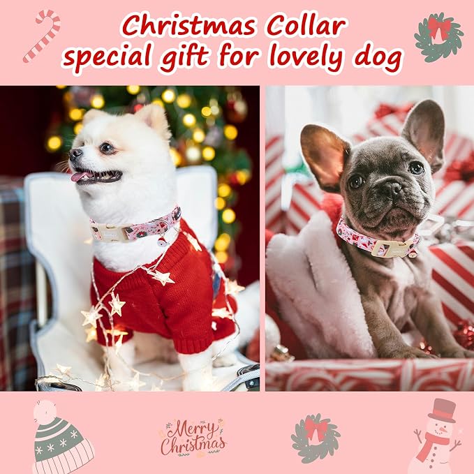 Christmas Dog Collar for Medium Dogs, Pink Cotton Medium Dog Collars with Santa & Snowman Patterrn, Adjustable Holiday Dog Collars, Cute Winter Collar for Girl Boy Dogs