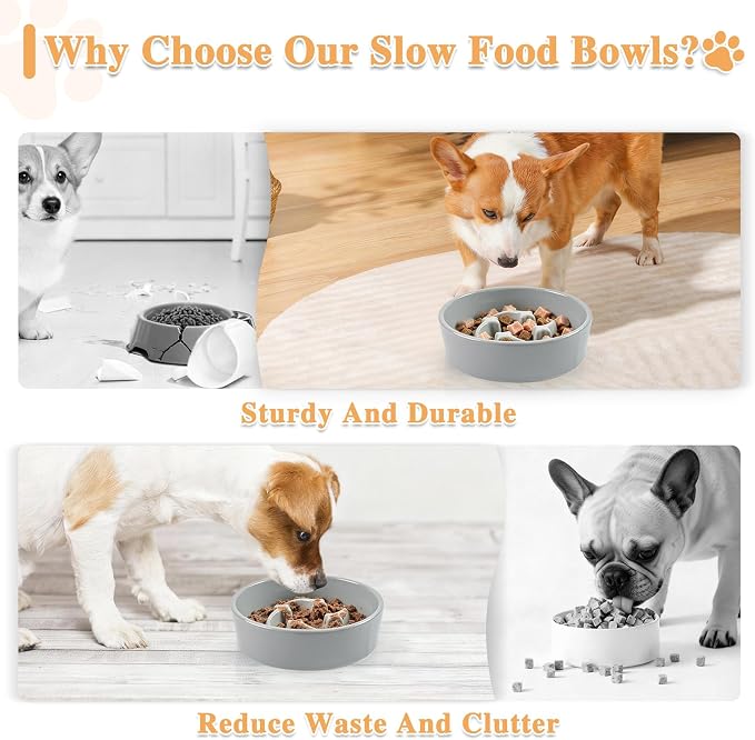 Ceramic Slow Feeder Dog Bowls, 1 Cups Dog Food Dish for Small and Medium Breed, Puzzle Dog Food Bowl for Fast Eater, 15OZ, 6.3 inch(Grey)
