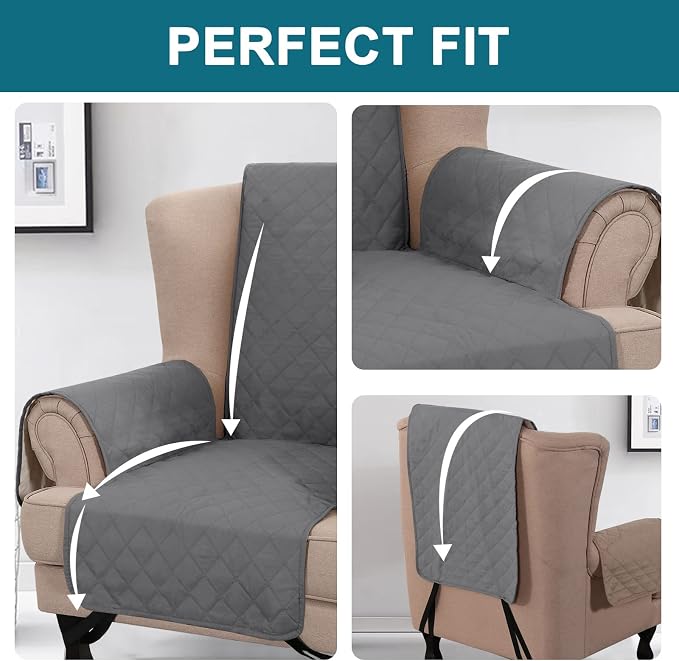 Turquoize 100% Waterproof Wing Chair Cover Wing Armchair Slipcovers Chair Couch Protector Triple Non-Slip Sofa Slipcover for Wing Chair Furniture Protector for Pets, Kids,Dog (Wing Chair, Gray)