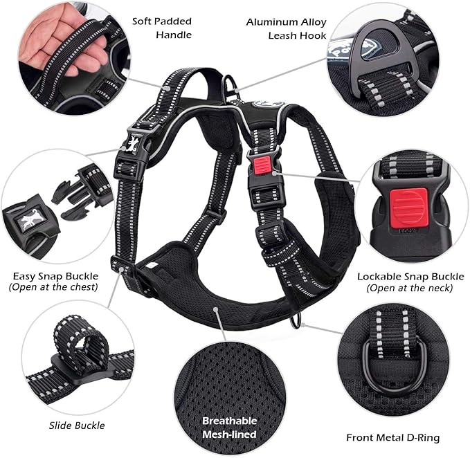 PoyPet No Pull Dog Harness, No Choke Front Lead Dog Reflective Harness, Adjustable Soft Padded Pet Vest with Easy Control Handle for Small to Large Dogs(Black,M)