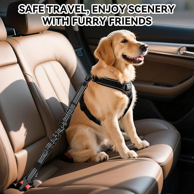 Pawaboo Dog Seatbelt for Car, 3-in-1 Dog Seat Belt Bungee, Shockproof Dogs Tether for Car with Buckle & Hook Latch, Adjustable Reflective Dogs Cars Harness Leash with 360° Lockable Buckle, Black