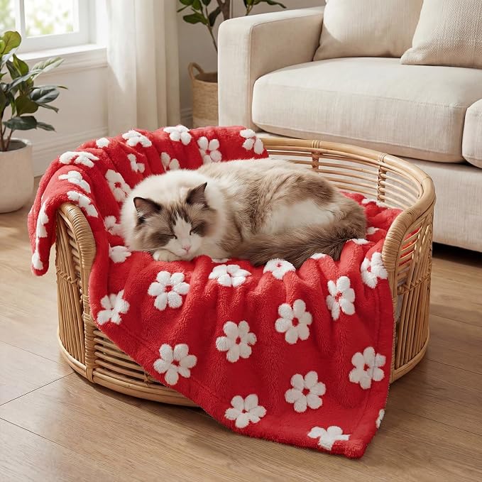 Horaldaily Pets Flannel Blanket, Red Flowers 3D Textured Soft Fuzzy Fluffy Plush Cozy Fleece Premium Blankets for Dog Cat Puppy Kitten Couch Protection, 16x23