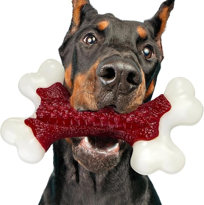 Kseroo Indestructible Dog Toys for Aggressive Chewers: Beef Flavored Hard Nylon Bone Chew Toys for Medium Large Breed Dogs (20-90 lbs), Red