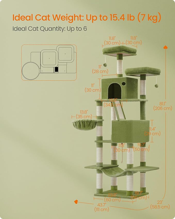Feandrea Cat Tree, 81.1-Inch Large Cat Tower, Multi-Level Plush Condo with 13 Scratching Posts, 2 Perches, 2 Caves, Basket, Hammock, Pompoms, Green UPCT190C01