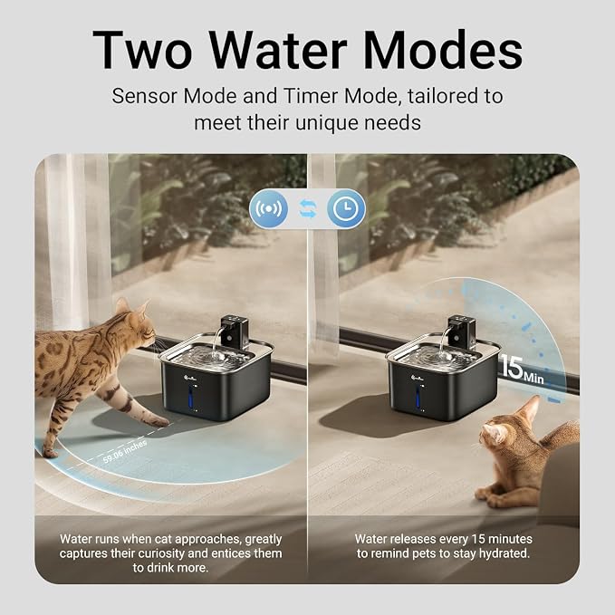 DownyPaws Cat Water Fountain Stainless Steel Wireless, 101 oz/3L FurSink Cordless Water Fountain for Cats, Battery Operated Cat Fountains for Drinking with Motion Sensor, Easy Clean, Black