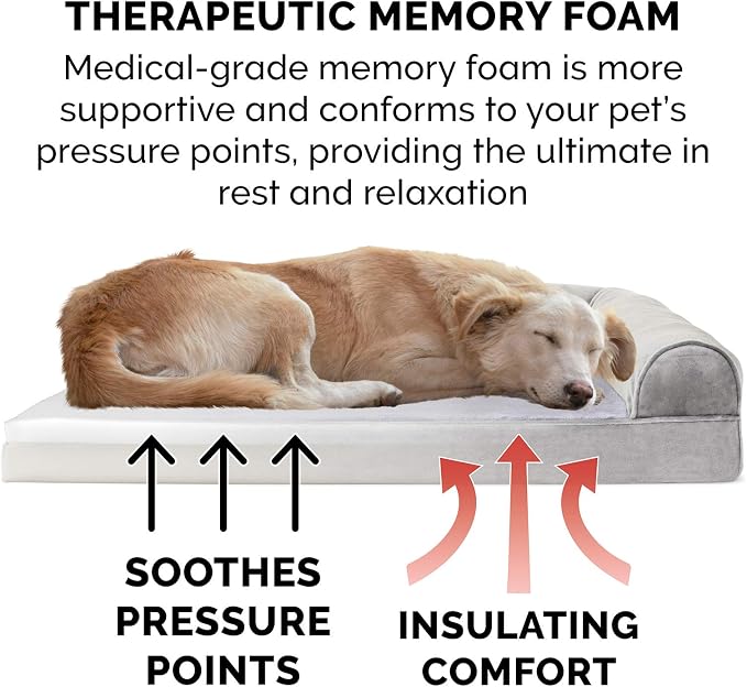 Furhaven Memory Foam Dog Bed for Large Dogs w/ Removable Bolsters & Washable Cover, For Dogs Up to 125 lbs - Faux Fur & Velvet Sofa - Smoke Gray, Jumbo Plus/XXL