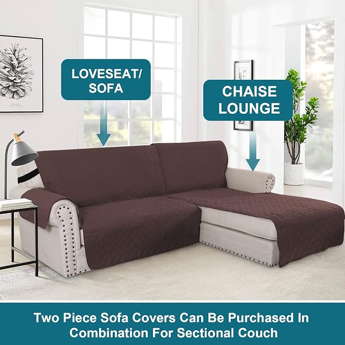 Turquoize 100% Waterproof Sofa Covers Chaise Lounge L Shape Sofa Protector Chaise Slip Cover Triple Non-Slip Sofa Slipcover for Sectional Couch Cover for Pets, Kids (Chaise, Brown)