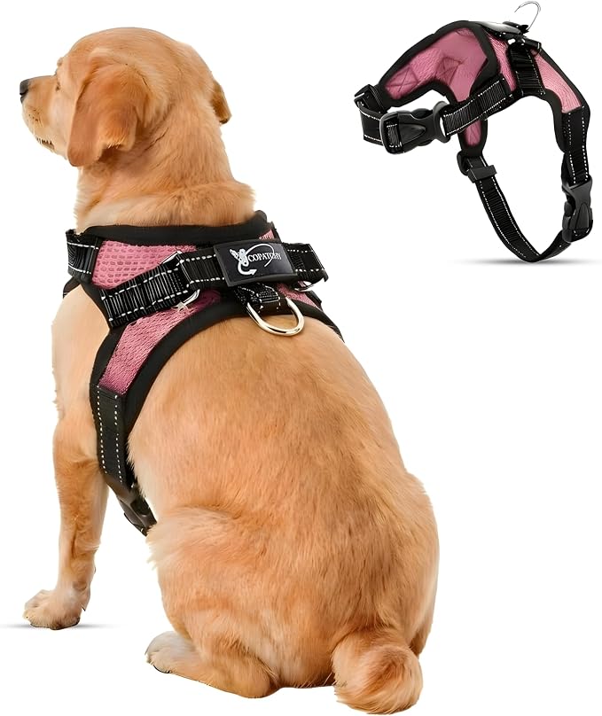 No Pull Reflective Adjustable Dog Harness with Handle- Comfortable Soft All Weather Mesh, Easy On Puppy Harness for Small Medium and Large Dogs (Pink) Small