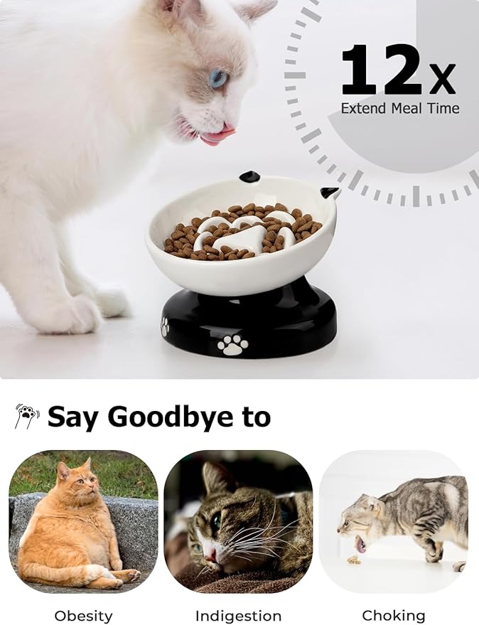 Y YHY Ceramic Cat Slow Feeder, Elevated Dog Food Bowl Tilted Design, Slow Feeder Bowl no Black Chin, Cat Shape for Dry and Wet Food