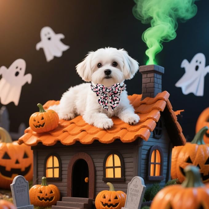 Unique style paws Cartoon Dog Collar with Bowtie Autumn Halloween Puppy Collar with Ghost Flower for Small Medium Large Boys Girls Dogs