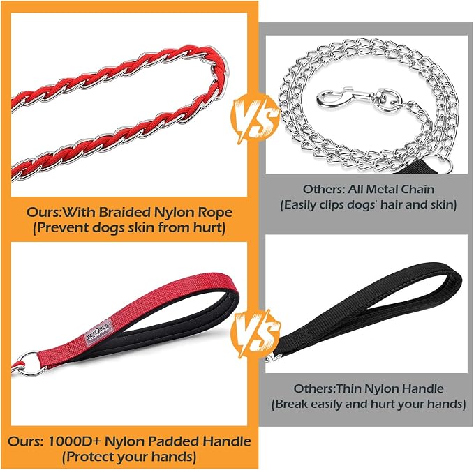Chain Dog Leash Chew Proof Metal Leash for Medium Large Dogs, Chain Link Dog Anti Chew 5.2FT / 4FT Strong Anti Bite Comfortable Soft Padded Handle (red, 5FT(30-80lb)