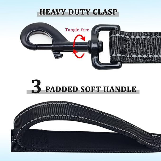 WYuZe 3 Handle Dog Leash for Medium Large Dogs - 7FT Reflective, Shock Absorbing Bungee, Heavy Duty Training Leash with Triple Padded Traffic Handles, Black
