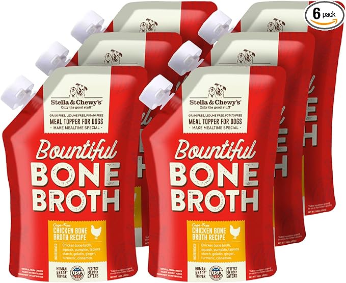 Stella & Chewy's Premium Cage-Free Chicken Bone Broth for Dogs - Joint & Gut Health Support Liquid Food Topper with Collagen & Turmeric, 16 Fl Oz Resealable Pouch (Pack of 6)