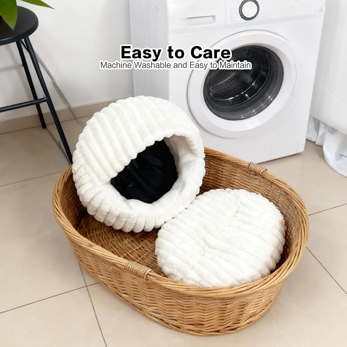 Hooded Cat Beds for Indoor Cats，Cozy Dog Cave Bed,Cozy Nook Dog Bed for Small Dogs,Anti-Slip Puppy Bed Fits up to 22 lbs for Dogs or Cats(White Stripe, Medium)