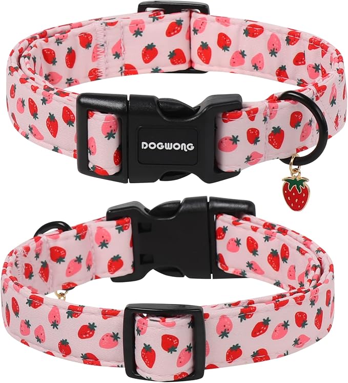 Pink Strawberry Dog Collar for Girly Dogs- DOGWONG Spring Summer Girl Strawberry Dog Collar, Adjustable Soft Cute Dogs Collars for Large Dogs, XL
