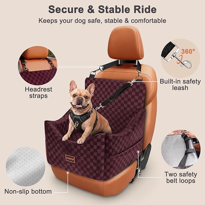 JOEJOY Elevated Dog Car Seat for Small/Medium Dogs up to 36 lbs, Memory Foam Booster Seat with Detachable Washable Cover, Travel-Safe Car Bed with Safety Belts & Storage Pockets, Red
